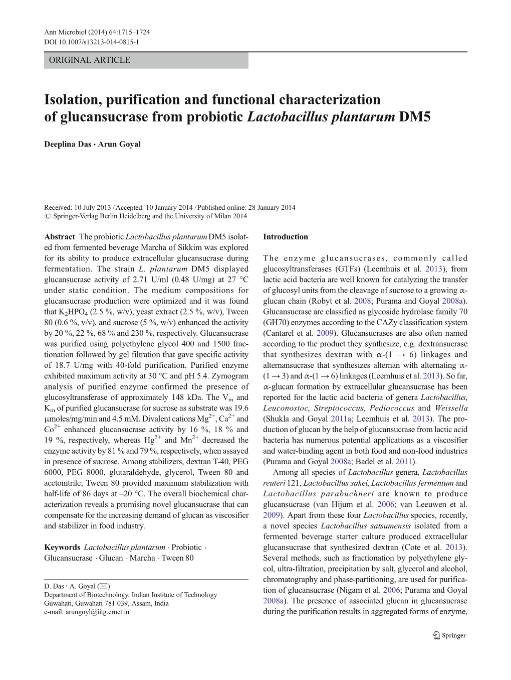 Isolation, Purification and Functional Characterization of Glucansucrase from Probiotic Lactobacillus Plantarum DM5
