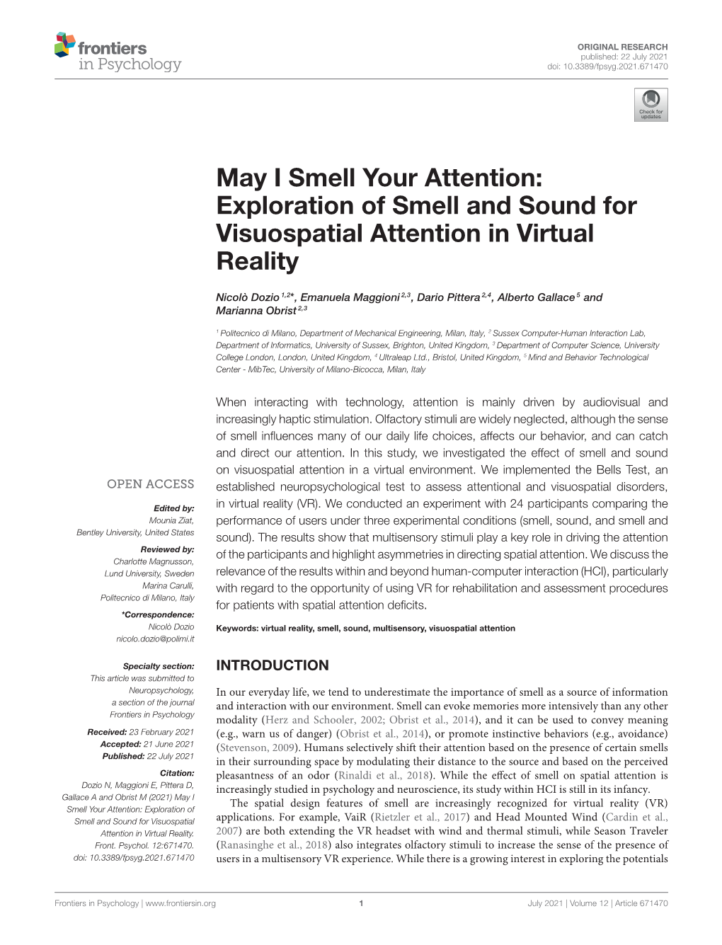 Exploration of Smell and Sound for Visuospatial Attention in Virtual Reality