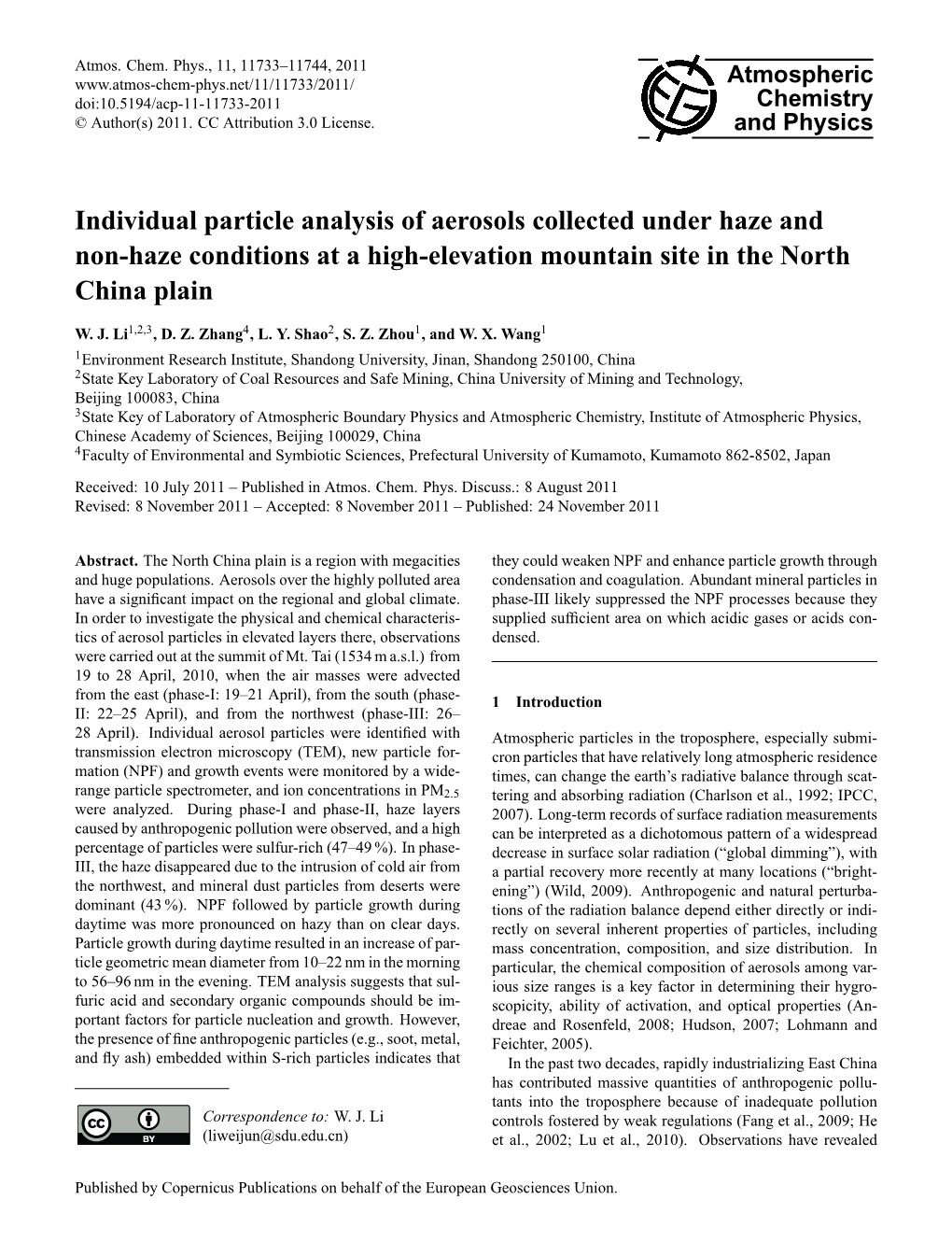 Individual Particle Analysis of Aerosols Collected Under Haze and Non-Haze Conditions at a High-Elevation Mountain Site in the North China Plain