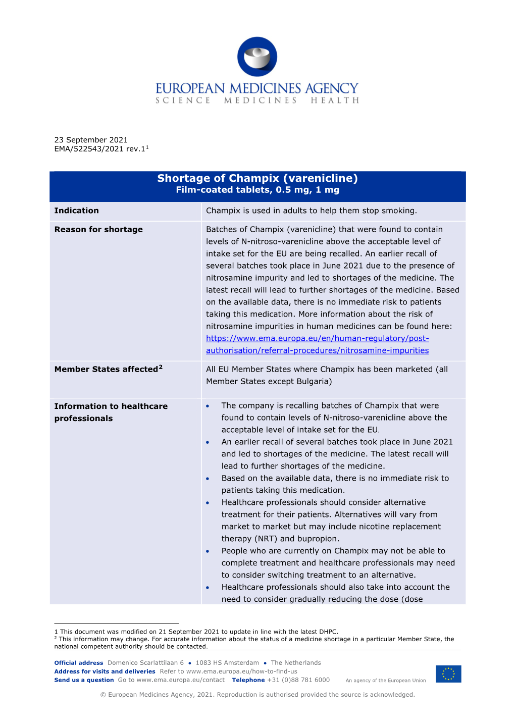 Shortage of Champix (Varenicline) Film-Coated Tablets, 0.5 Mg, 1 Mg