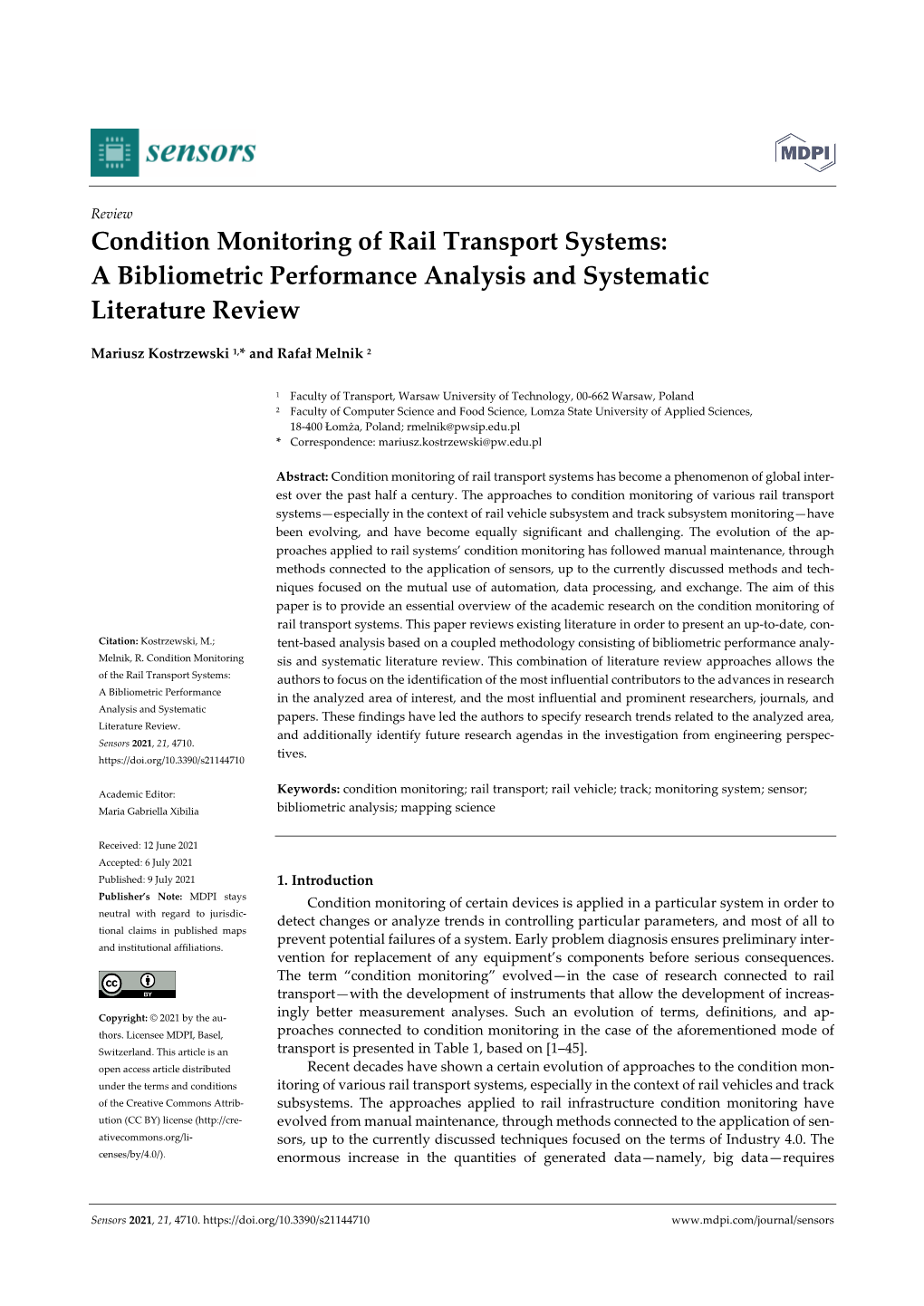 Condition Monitoring of Rail Transport Systems: a Bibliometric