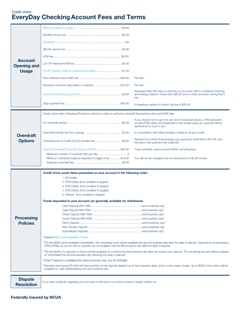 Echecking Checking Account Fees and Terms