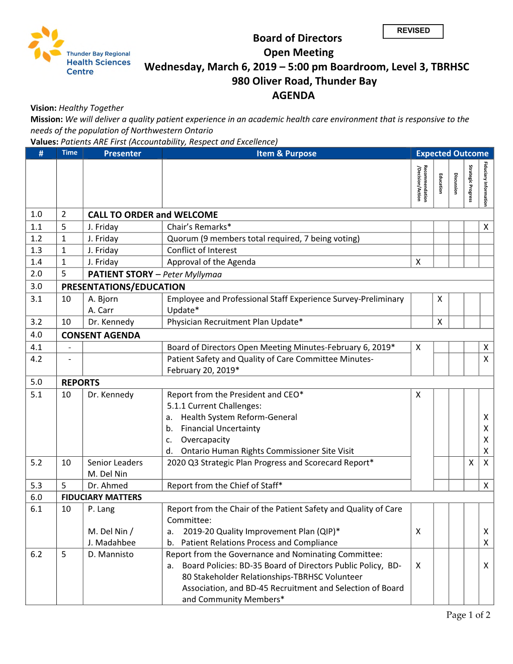 Board of Directors Open Meeting Wednesday, March 6, 2019 – 5:00 Pm Boardroom, Level 3, TBRHSC 980 Oliver Road, Thunder Bay