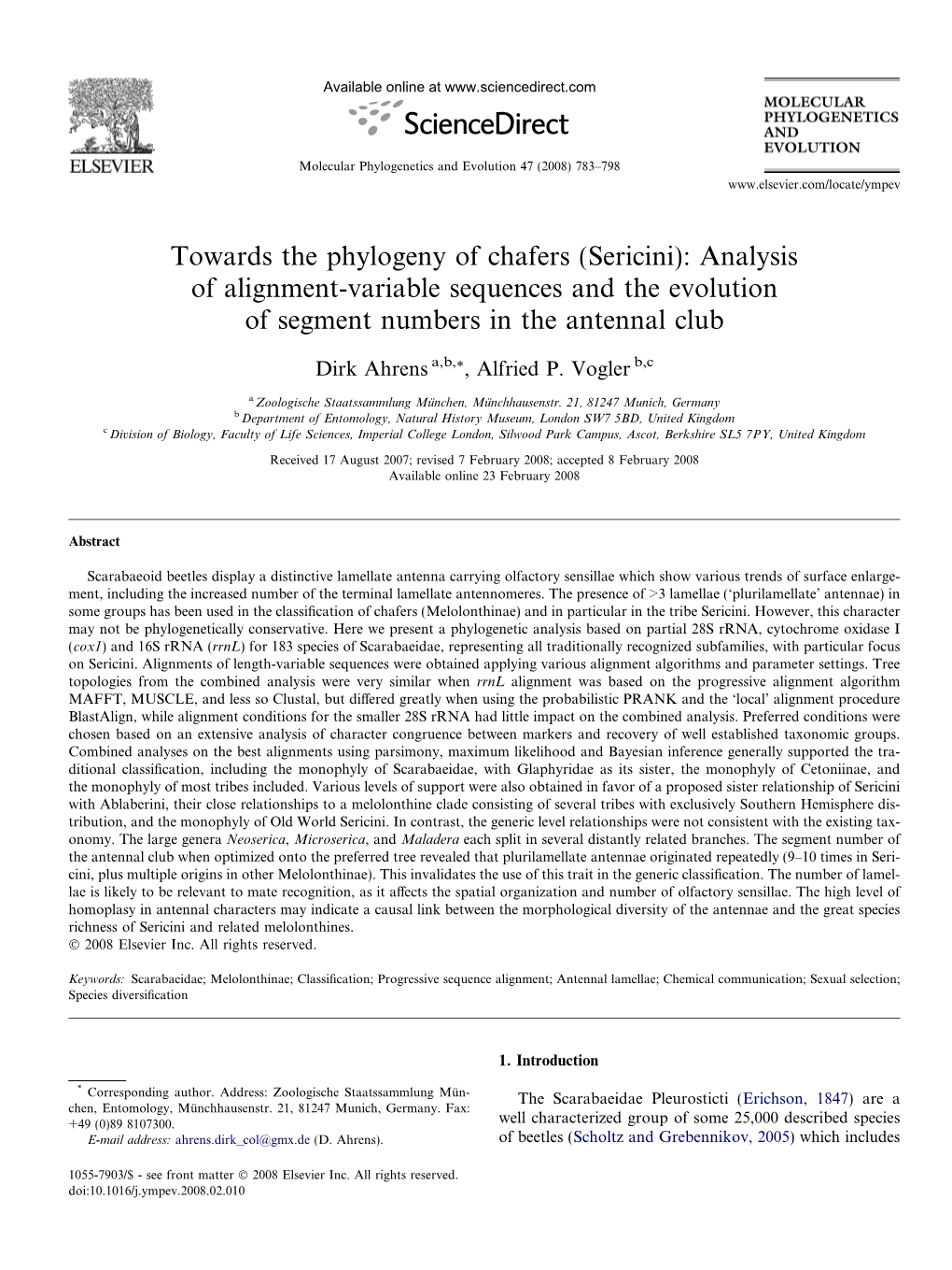 Towards the Phylogeny of Chafers (Sericini): Analysis of Alignment-Variable Sequences and the Evolution of Segment Numbers in the Antennal Club