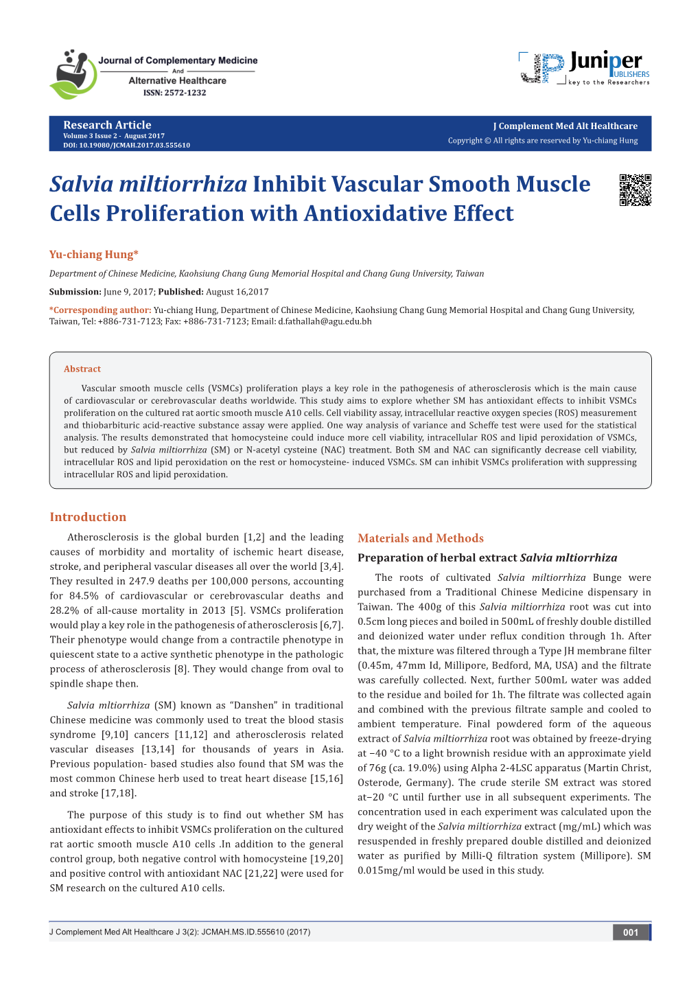 Salvia Miltiorrhiza Inhibit Vascular Smooth Muscle Cells Proliferation with Antioxidative Effect
