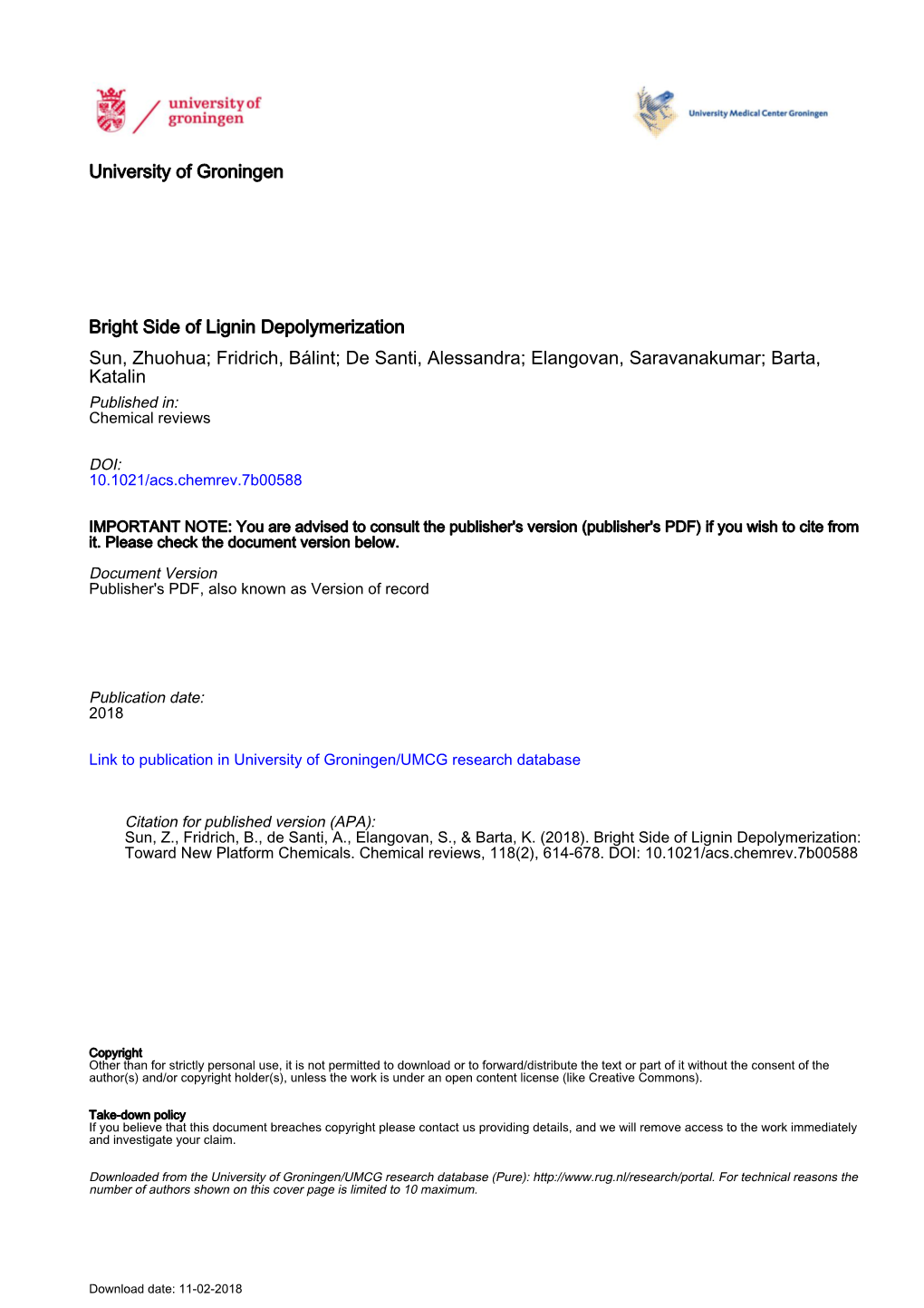 University of Groningen Bright Side of Lignin Depolymerization