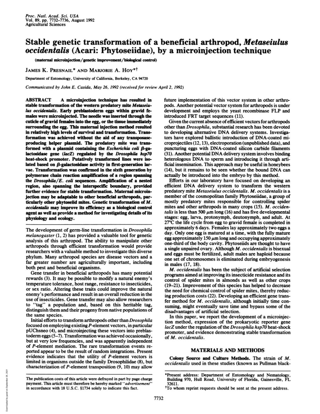 Stable Genetic Transformation of a Beneficial Arthropod, Metaseiulus