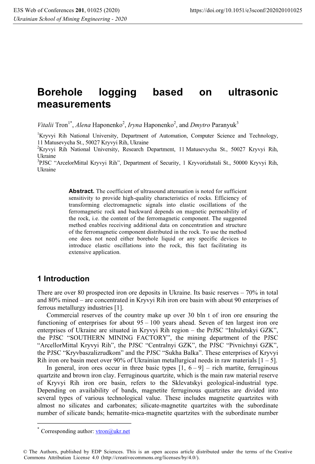 Borehole Logging Based on Ultrasonic Measurements