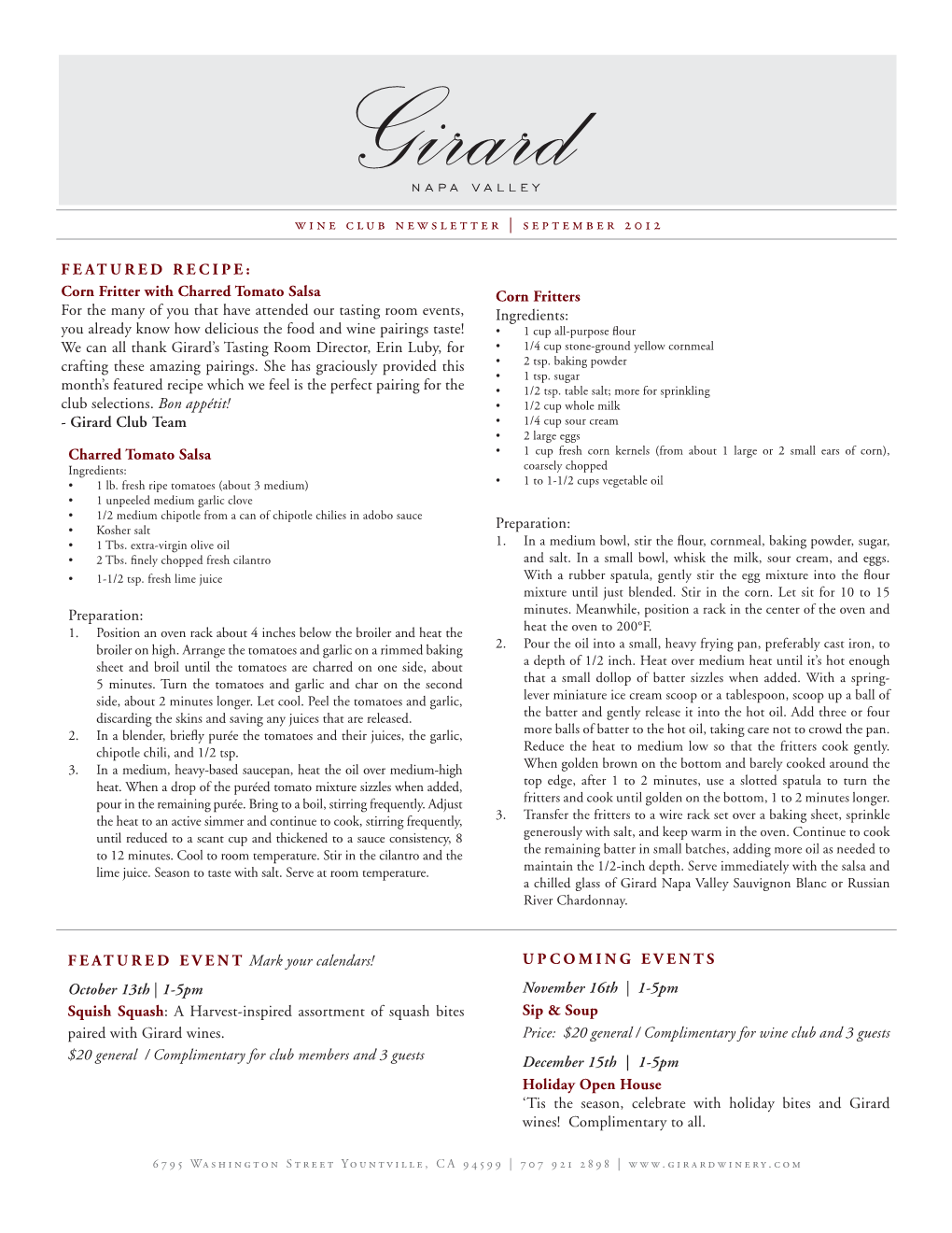 Wine Club Newsletter | September 2012 FEATURED RECIPE: Corn Fritter