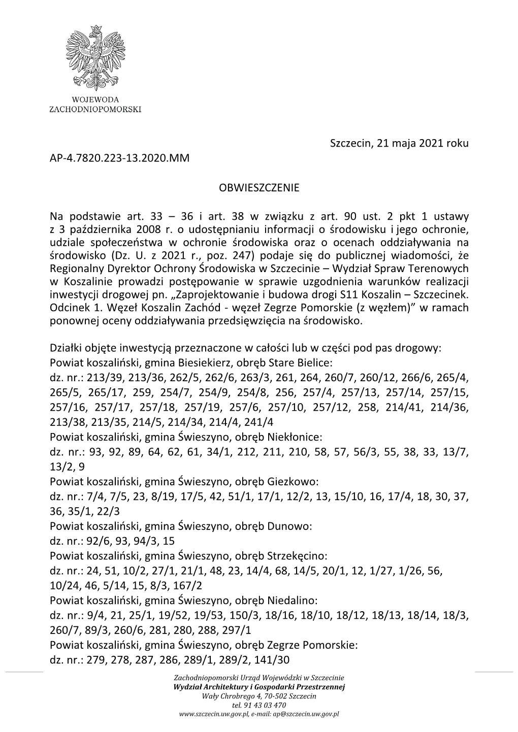 Szczecin, 21 Maja 2021 Roku AP-4.7820.223-13.2020.MM