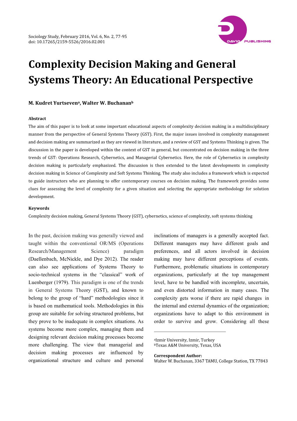 Complexity Decision Making and General Systems Theory: an Educational Perspective