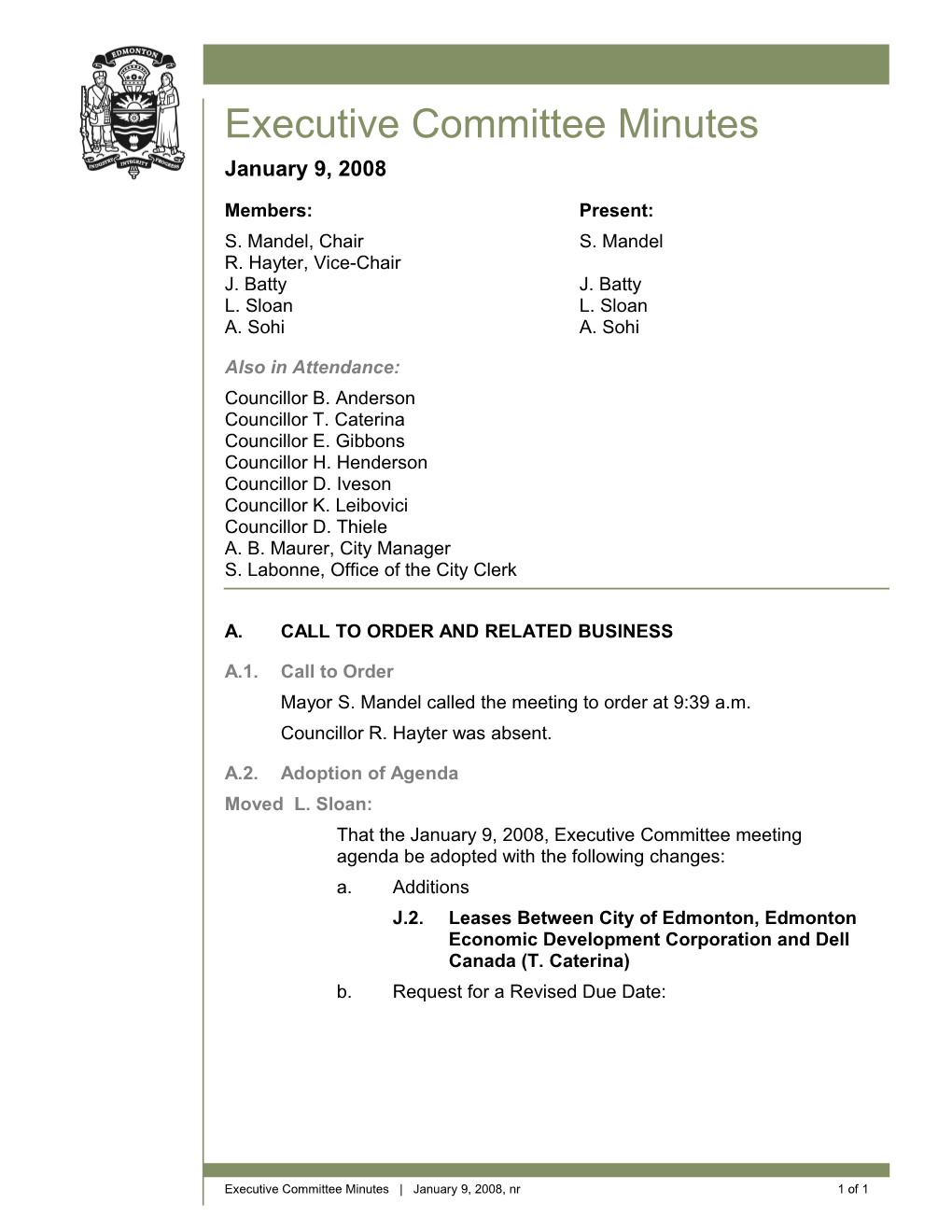 Minutes for Executive Committee January 9, 2008 Meeting