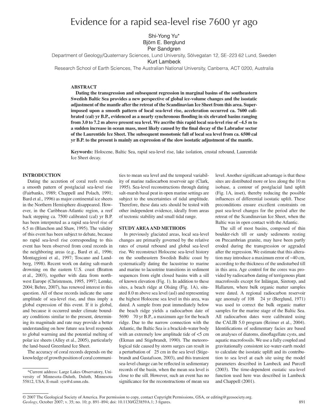 Evidence for a Rapid Sea-Level Rise 7600 Yr Ago