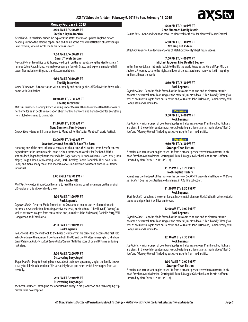 AXS TV Schedule for Mon. February 9, 2015 to Sun. February 15, 2015