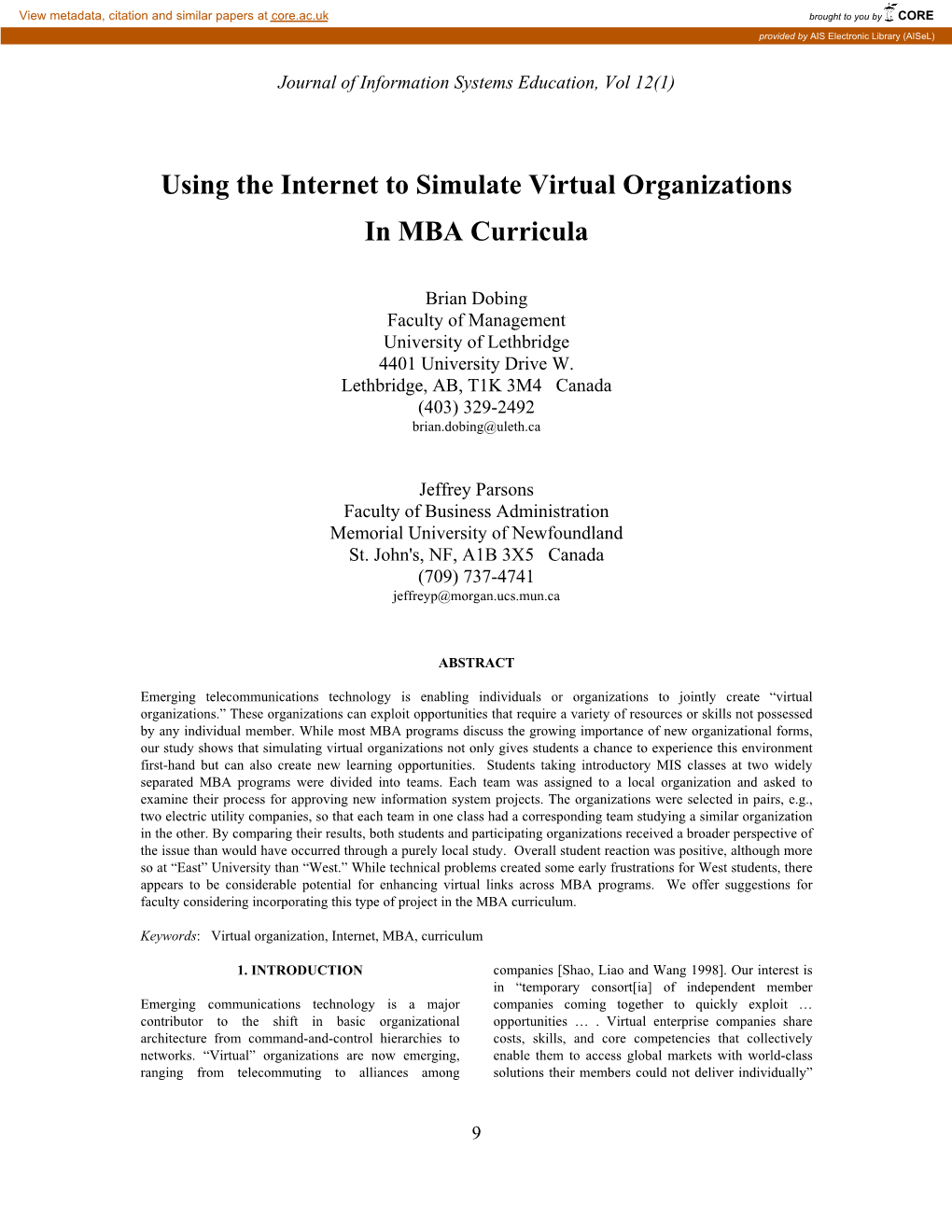 Using the Internet to Simulate Virtual Organizations in MBA Curricula