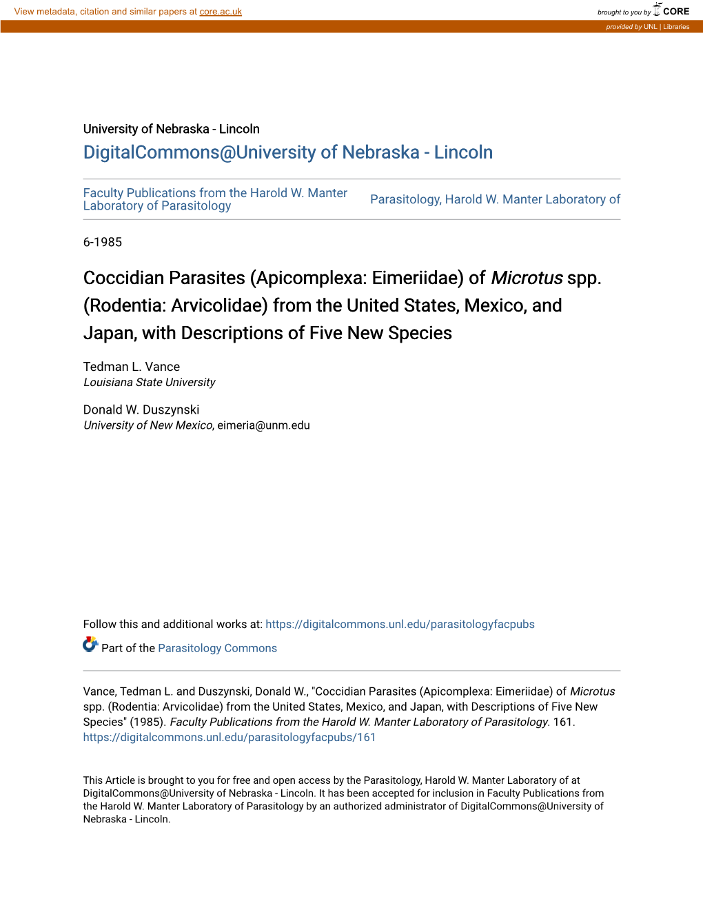 Coccidian Parasites (Apicomplexa: Eimeriidae) of Microtus Spp