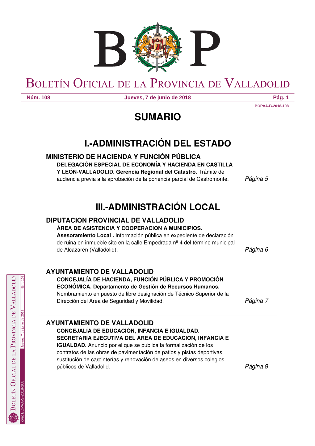 Sumario Boletín Oficial De La Provincia De Valladolid