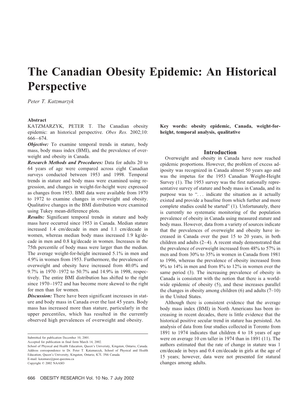 The Canadian Obesity Epidemic: an Historical Perspective