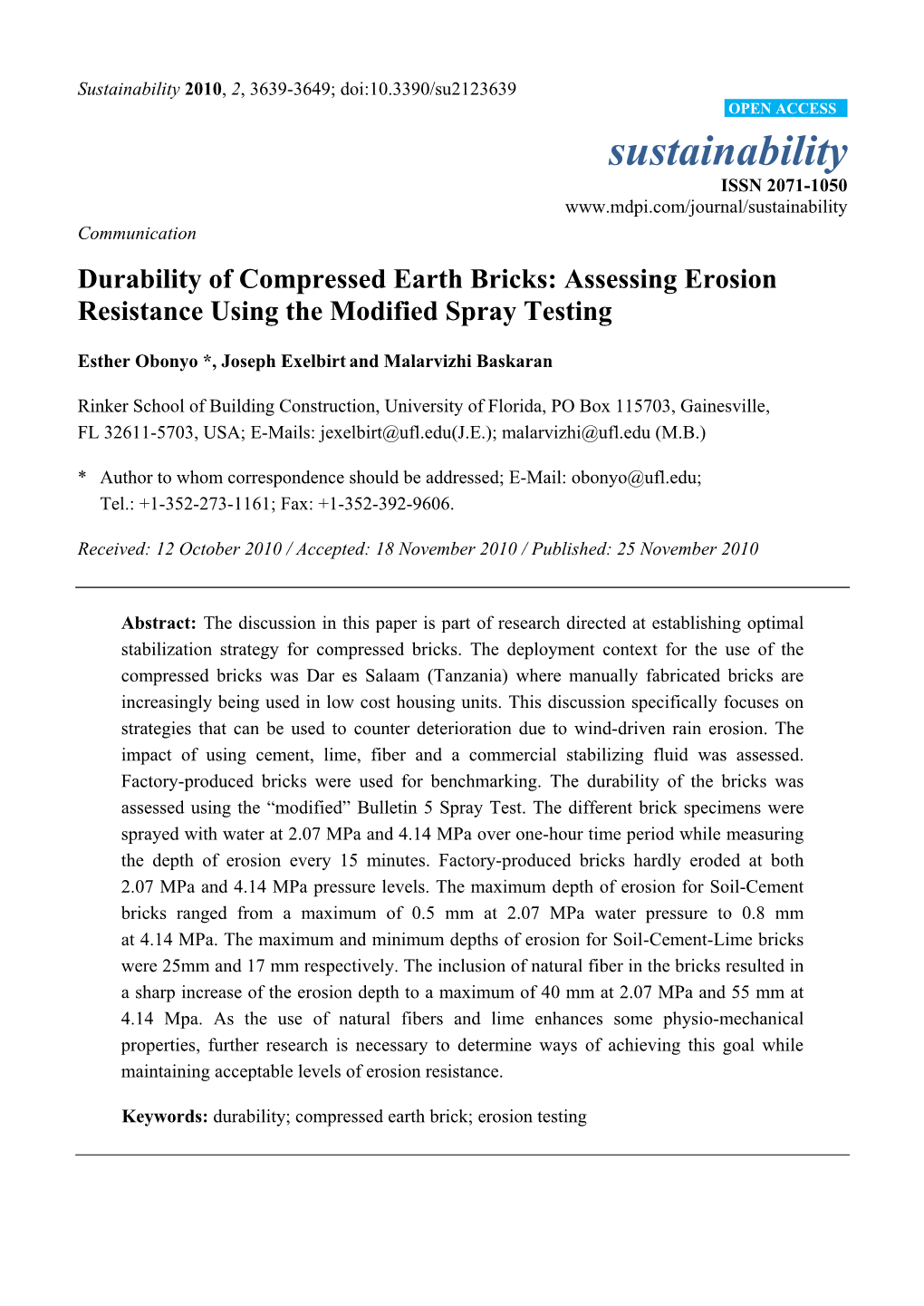 Durability of Compressed Earth Bricks: Assessing Erosion Resistance Using the Modified Spray Testing