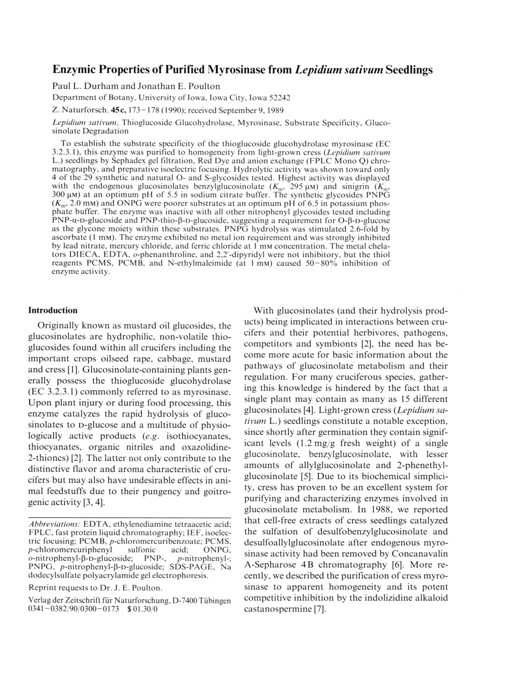 Enzymic Properties of Purified Myrosinase from Lepidium Sativum Seedlings Paul L