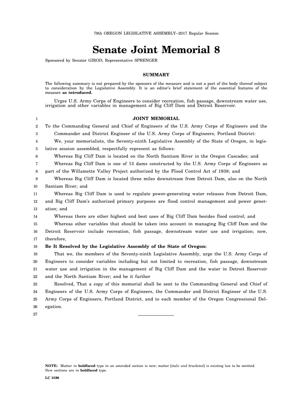 Senate Joint Memorial 8 Sponsored by Senator GIROD; Representative SPRENGER