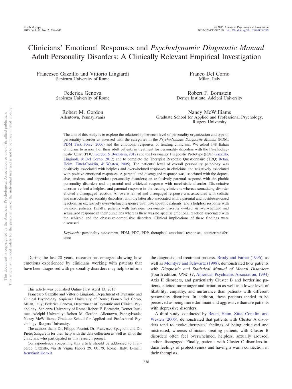 Clinicians' Emotional Responses and Psychodynamic Diagnostic Manual