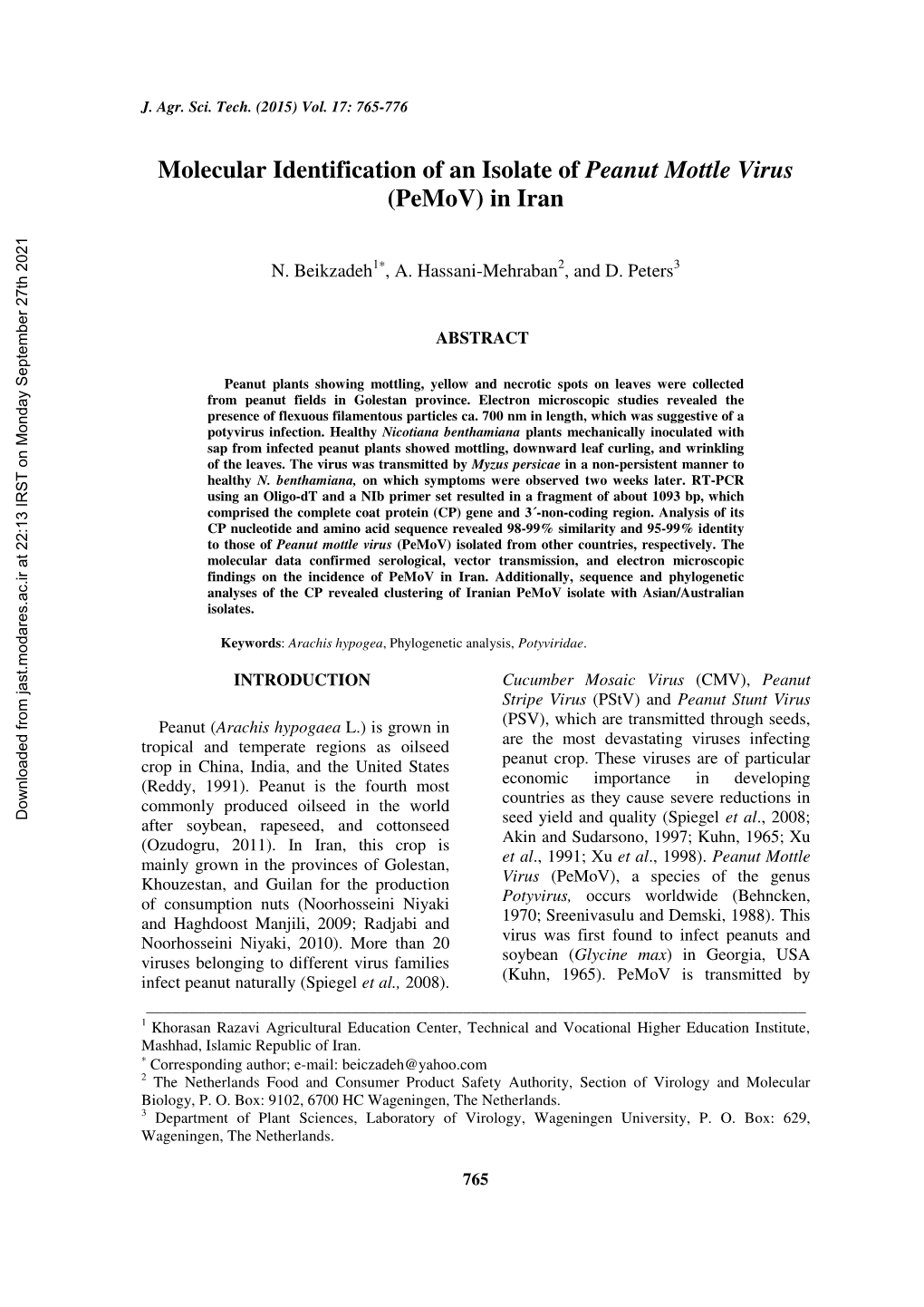 Molecular Identification of an Isolate of Peanut Mottle Virus (Pemov) in Iran