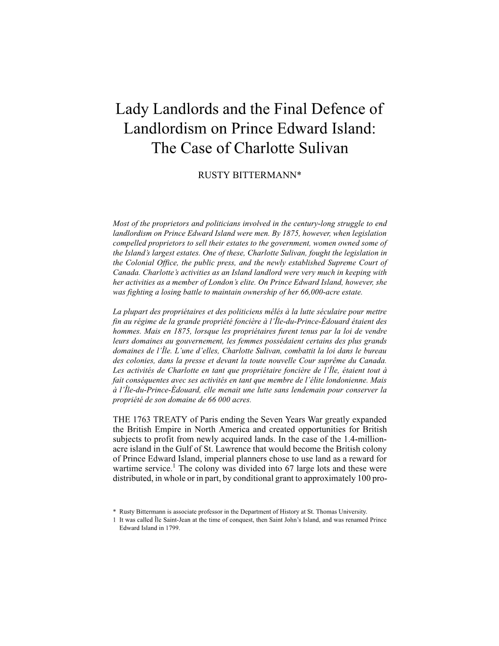 Lady Landlords and the Final Defence of Landlordism on Prince Edward Island: the Case of Charlotte Sulivan