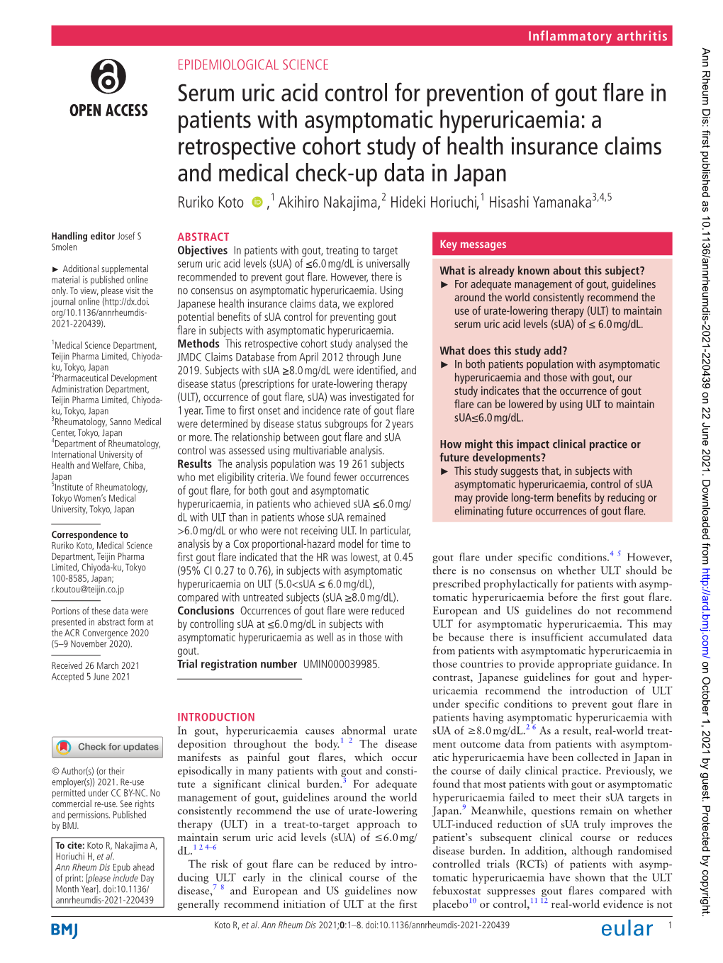 Serum Uric Acid Control for Prevention of Gout Flare in Patients With