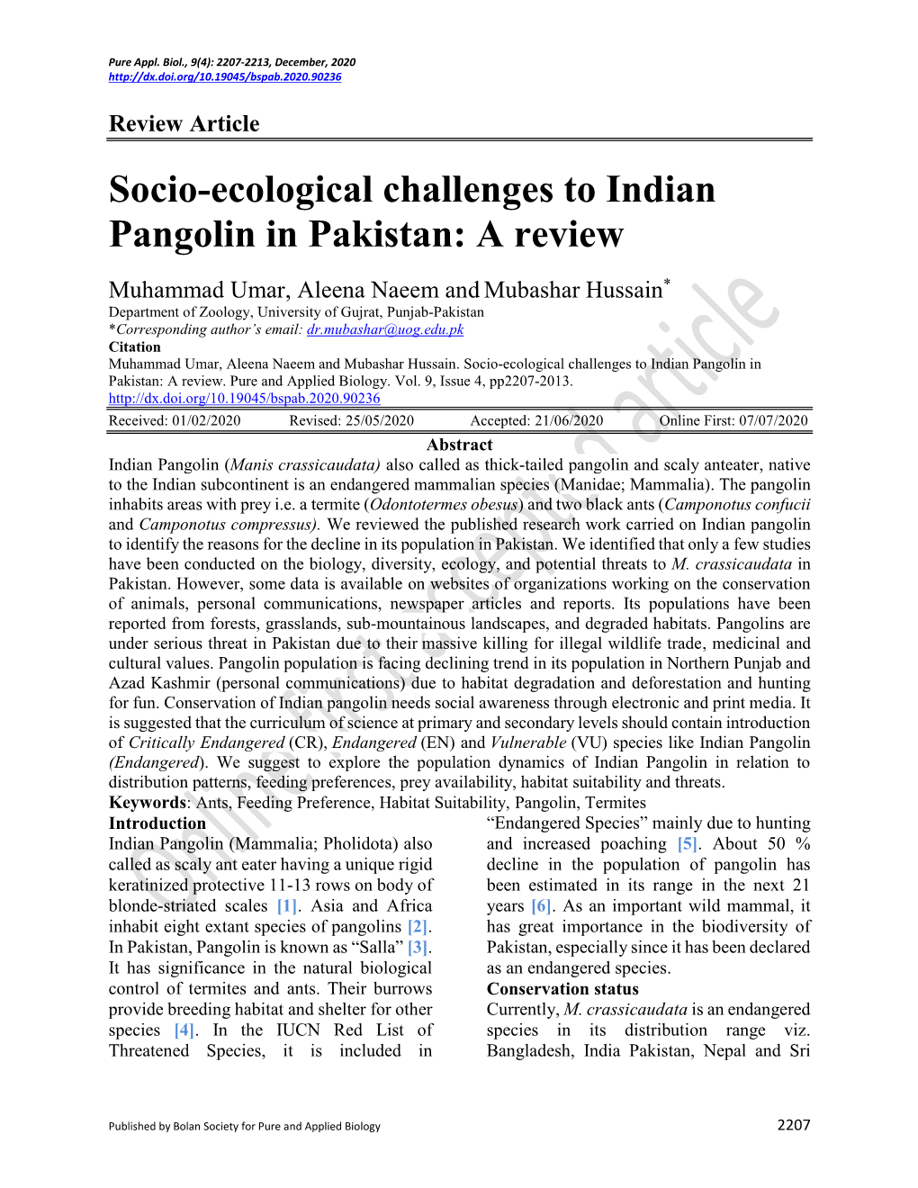 Socio-Ecological Challenges to Indian Pangolin in Pakistan: a Review