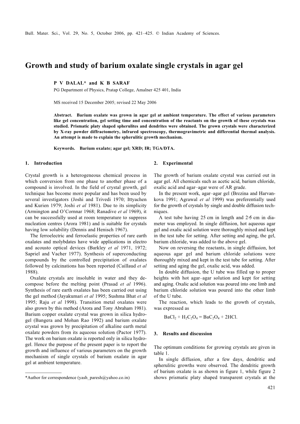 Growth and Study of Barium Oxalate Single Crystals in Agar Gel