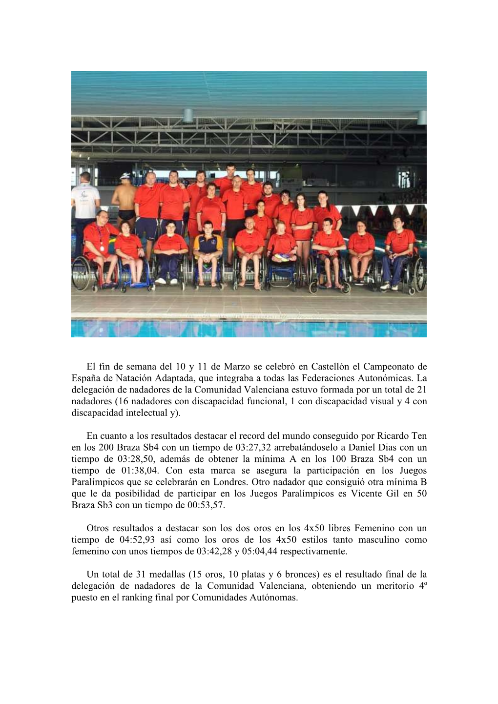 El Fin De Semana Del 10 Y 11 De Marzo Se Celebró En Castellón El Campeonato De España De Natación Adaptada, Que Integraba a Todas Las Federaciones Autonómicas