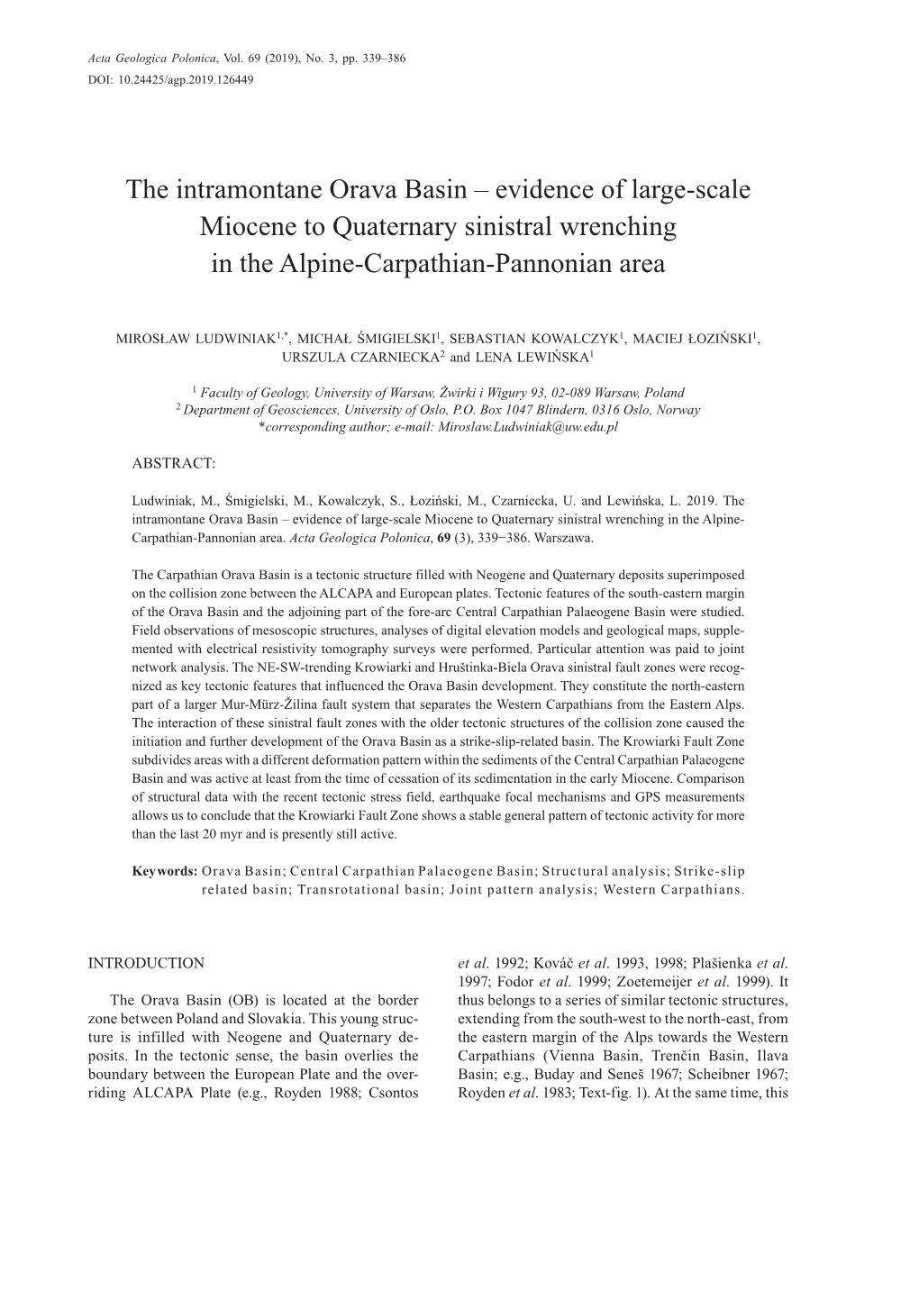 The Intramontane Orava Basin – Evidence of Large-Scale Miocene to Quaternary Sinistral Wrenching in the Alpine-Carpathian-Pannonian Area