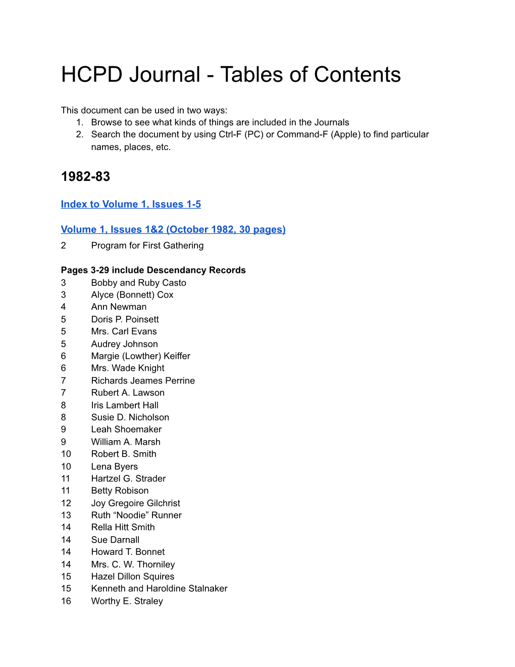 HCPD Journal - Tables of Contents