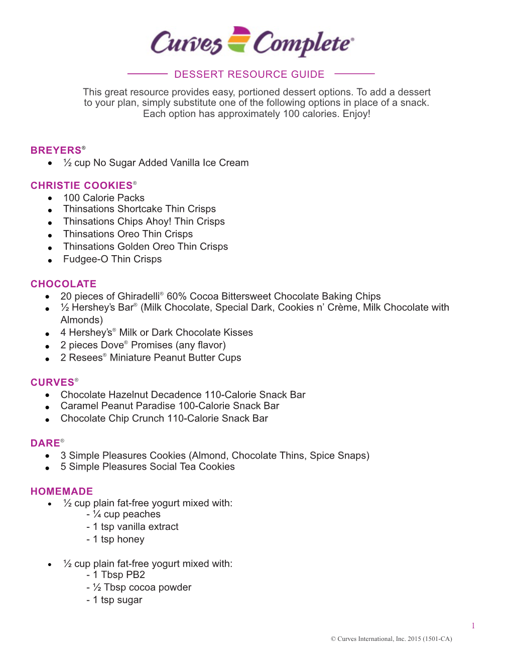 This Great Resource Provides Easy, Portioned Dessert Options. to Add a Dessert to Your Plan, Simply Substitute One of the Following Options in Place of a Snack