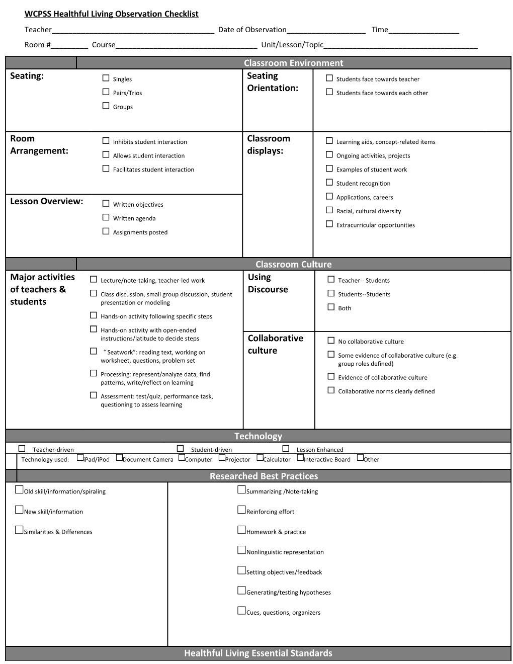 WCPSS Healthful Living Observation Checklist