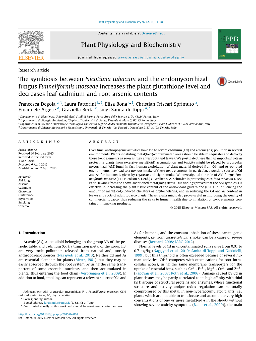 The Symbiosis Between Nicotiana Tabacum and the Endomycorrhizal Fungus Funneliformis Mosseae Increases the Plant Glutathione