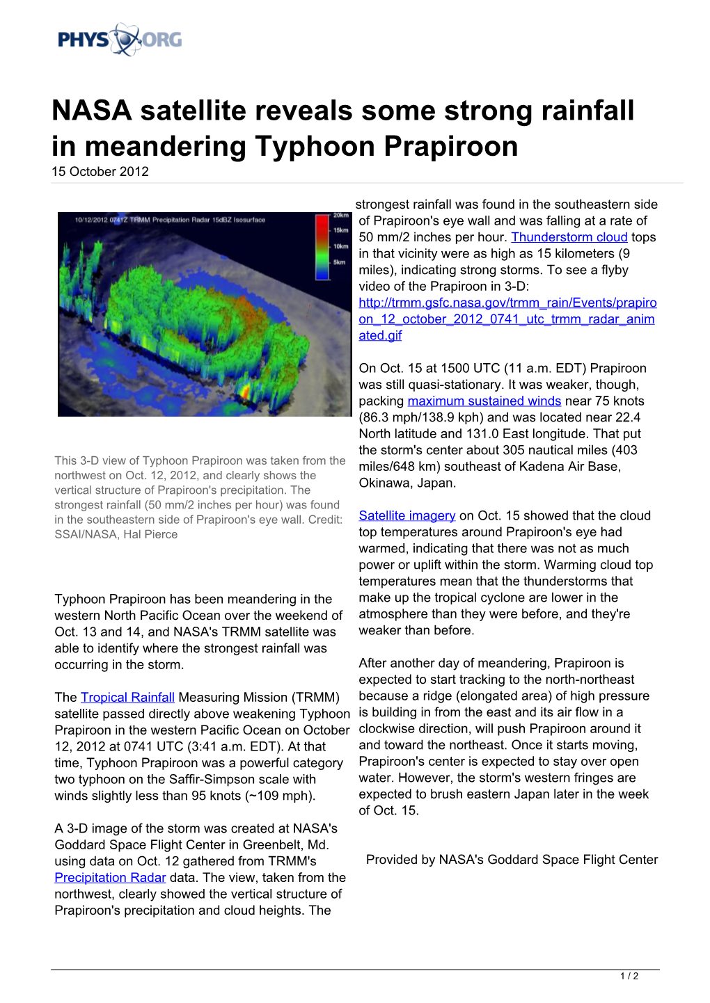 NASA Satellite Reveals Some Strong Rainfall in Meandering Typhoon Prapiroon 15 October 2012