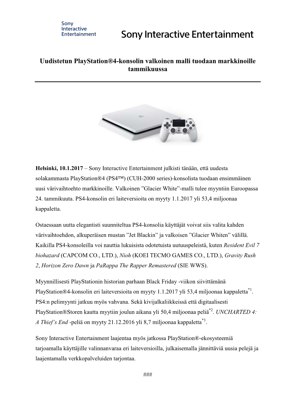 Uudistetun Playstation®4-Konsolin Valkoinen Malli Tuodaan Markkinoille Tammikuussa