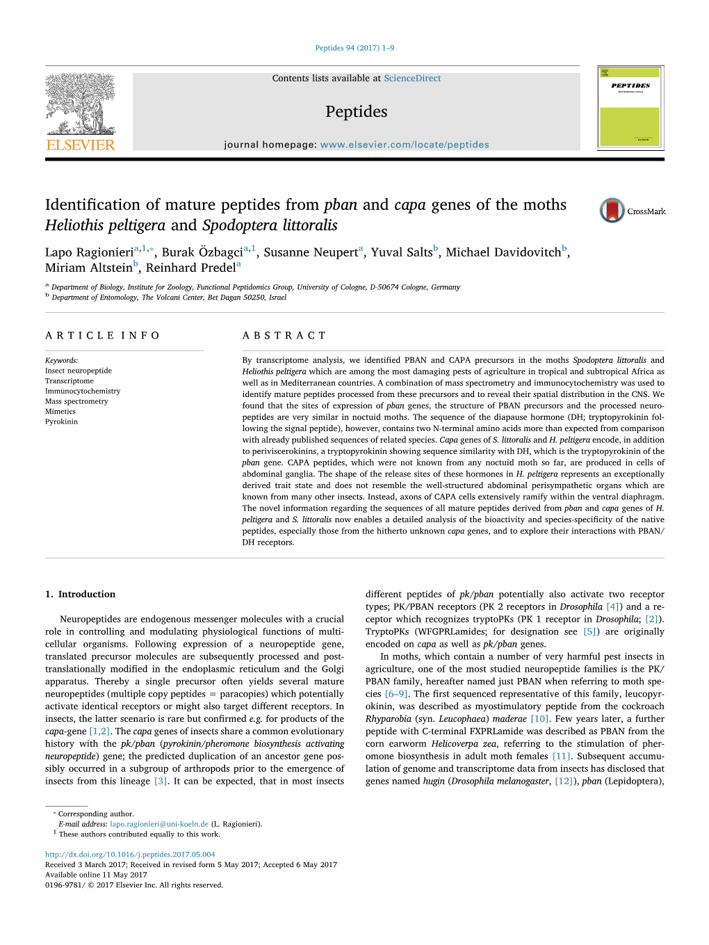 Identification of Mature Peptides from Pban and Capa Genes of the Moths