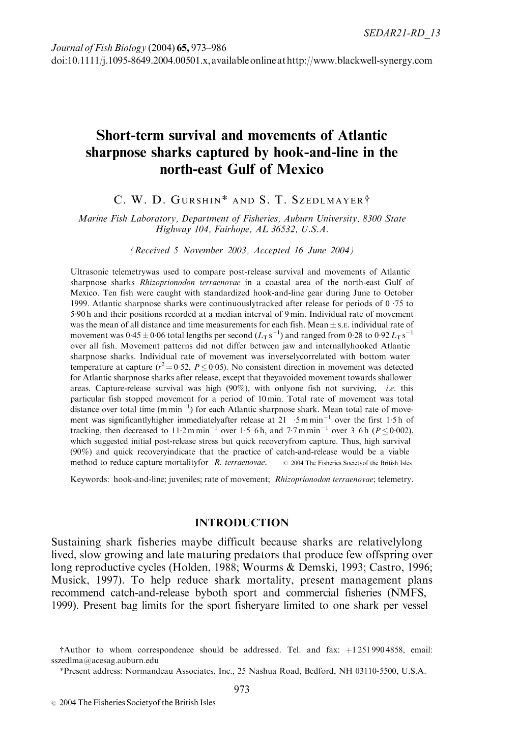 Short‐Term Survival and Movements of Atlantic Sharpnose Sharks Captured