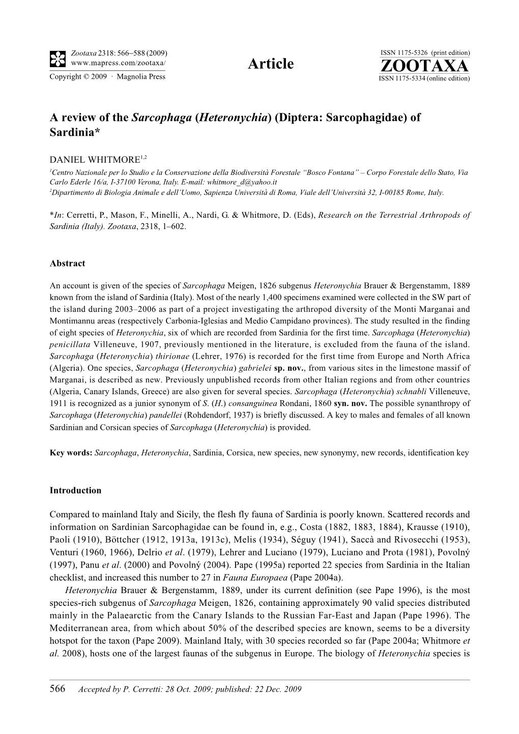 Zootaxa, a Review of the Sarcophaga (Heteronychia