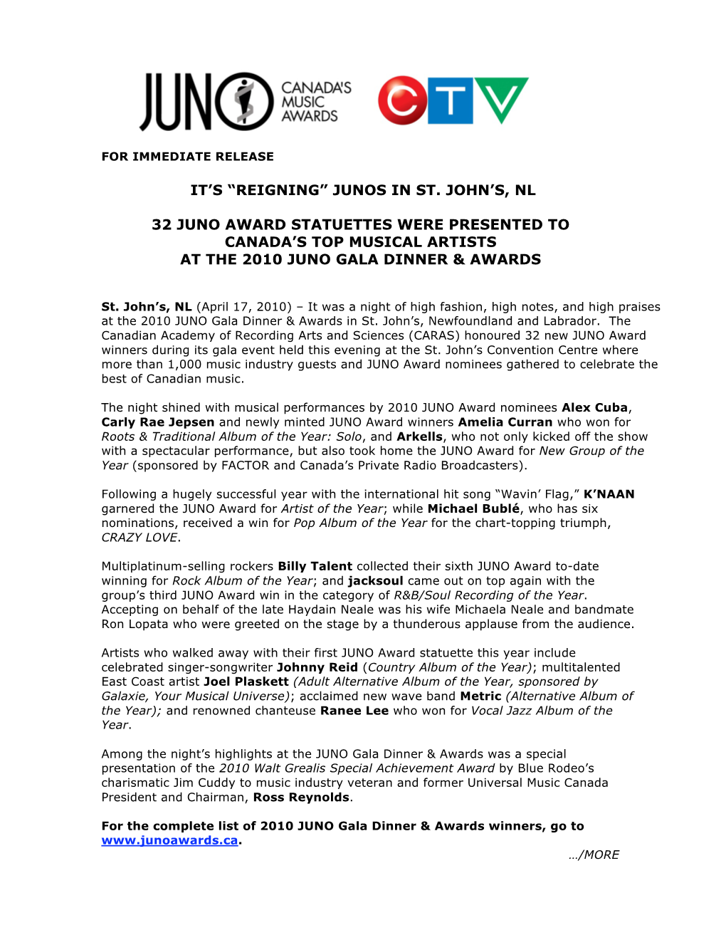 Junos in St. John's, Nl 32 Juno Award