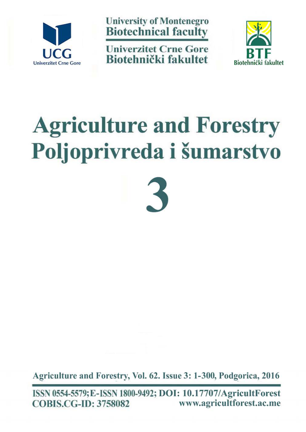 Agriculture and Forestry, Volume 62