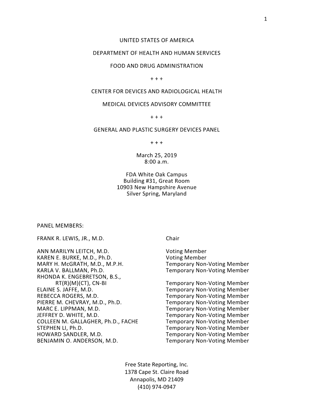 General and Plastic Surgery Devices Panel March 25, 2019 Transcript