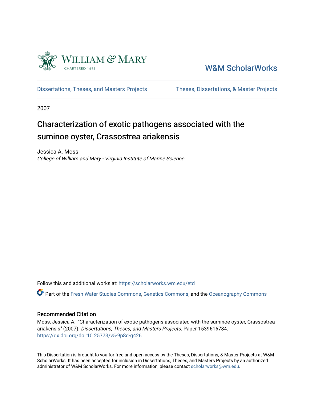 Characterization of Exotic Pathogens Associated with the Suminoe Oyster, Crassostrea Ariakensis