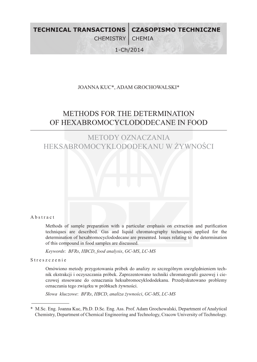 Methods for the Determination of Hexabromocyclododecane in Food