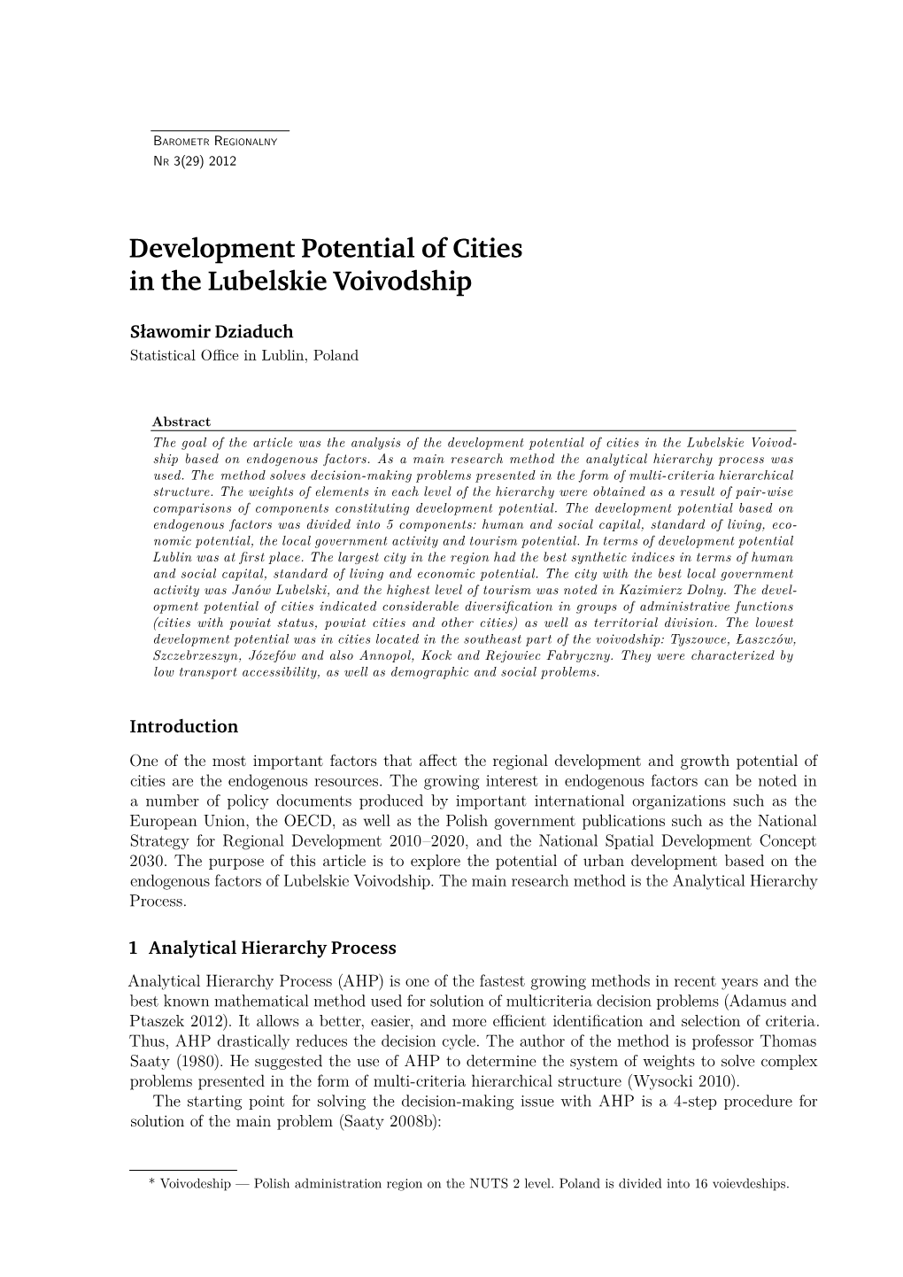 Development Potential of Cities in the Lubelskie Voivodship