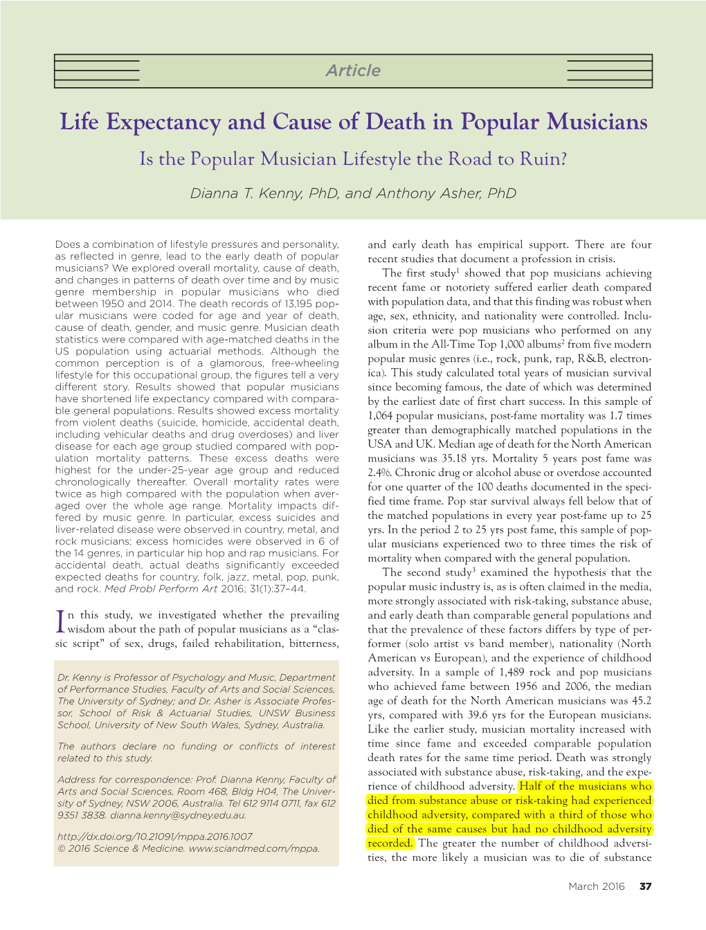 Life Expectancy and Cause of Death in Popular Musicians Is the Popular Musician Lifestyle the Road to Ruin?