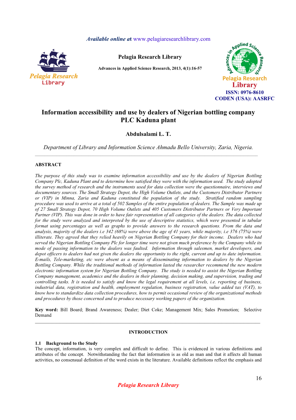 Information Accessibility and Use by Dealers of Nigerian Bottling Company PLC Kaduna Plant